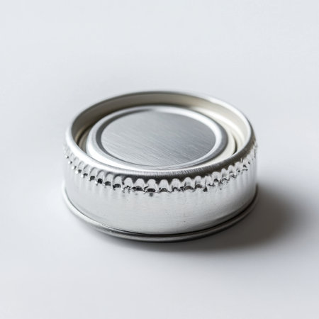 A silver metal bottle cap showing a smooth surface and a distinct grooved edge. Ideal for minimalistic designs, product mockups, and beverage industry presentations.の素材