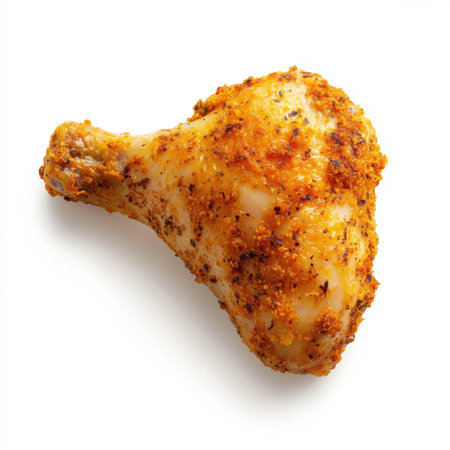 This image features a perfectly cooked crispy fried chicken drumstick, showcasing its golden-brown color and crunchy texture, ideal for food marketing and culinary use.の素材