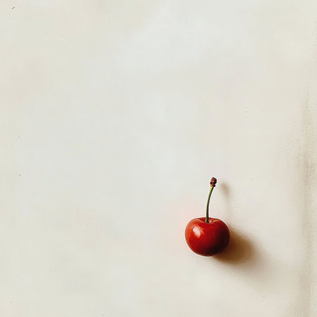 A bright red cherry with a green stalk stands alone on a white background. This minimalistic image captures the essence of freshness and organic beauty in fruit.の素材