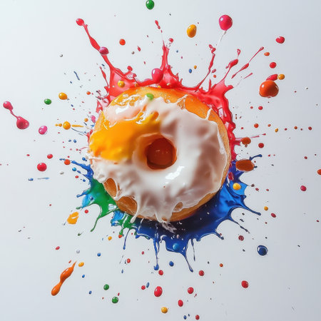 A vibrant donut sits at the center of a colorful paint explosion, creating a playful and artistic scene ideal for food photography and creative projects.の素材