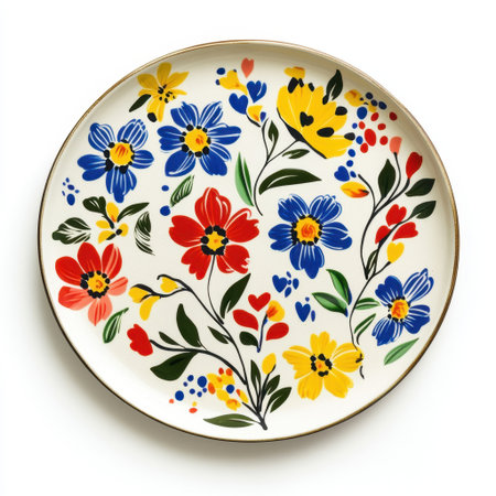 Discover a stunning floral plate design featuring hand-painted flowers in vivid colors. Perfect for adding a cheerful touch to any home decor or dining setting.の素材