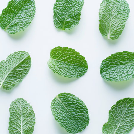 Fresh mint leaves arranged on a clean white background, showcasing their vibrant green color and unique texture, ideal for culinary uses and herbal remedies.の素材