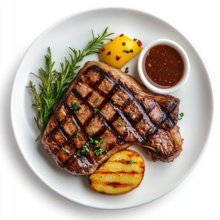 A beautifully styled grilled steak topped with fresh herbs, served alongside grilled potato and a flavorful sauce. Ideal for food and culinary promotions.の素材