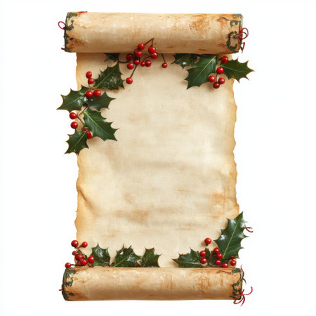 This vintage scroll features a beautiful frame of holly leaves and red berries, perfect for holiday greetings, festive announcements, or themed invitations.の素材