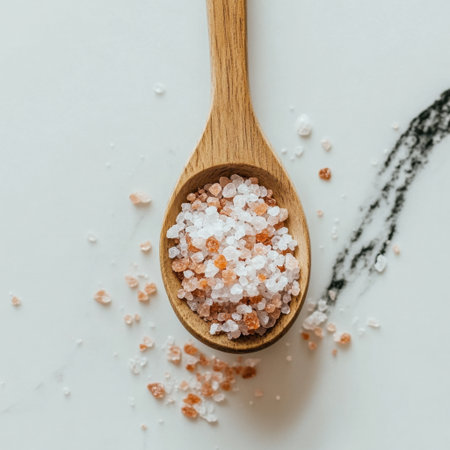 A captivating close-up of natural pink Himalayan salt in a wooden spoon, resting on a marble surface, highlighting its texture and colors, ideal for culinary use.の素材