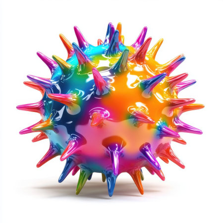 This vibrant 3D illustration features a colorful spiky sphere representing a microbe, ideal for educational materials and scientific discussions. Its vivid hues invite intrigue.の素材