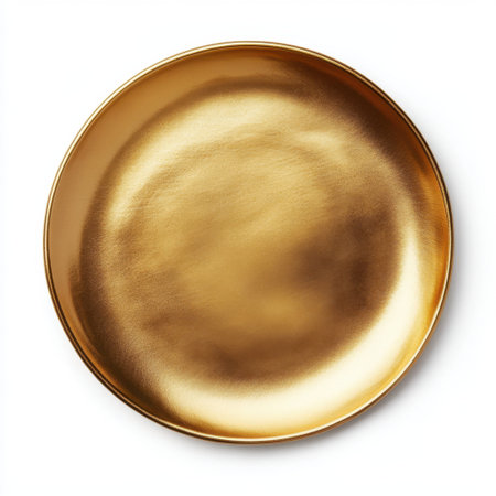 A stunning golden plate featuring a flawless shiny surface beautifully set against a pure white background, perfect for showcasing gourmet dishes and elegant table settings.の素材