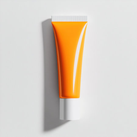This image features a bright orange cosmetic tube on a clean white background. Ideal for showcasing beauty products with a modern and vibrant aesthetic.の素材