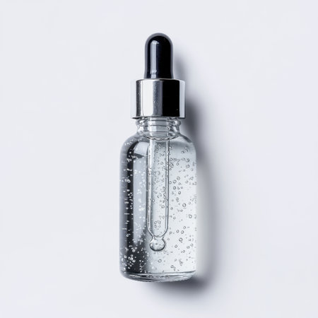 A sleek dropper bottle containing a bubbly serum, designed for beauty and skincare applications. The clear glass showcases a minimalist aesthetic on a white background.の素材