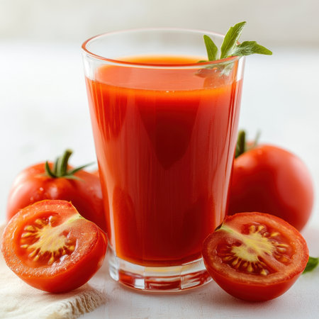 A refreshing glass of fresh tomato juice accompanied by whole and halved ripe tomatoes, garnished with a mint leaf, perfect for healthy meals.の素材