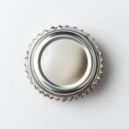 A detailed close-up of a metal bottle cap showcasing its smooth and shiny surface against a clean white background. Ideal for product and packaging photography.の素材
