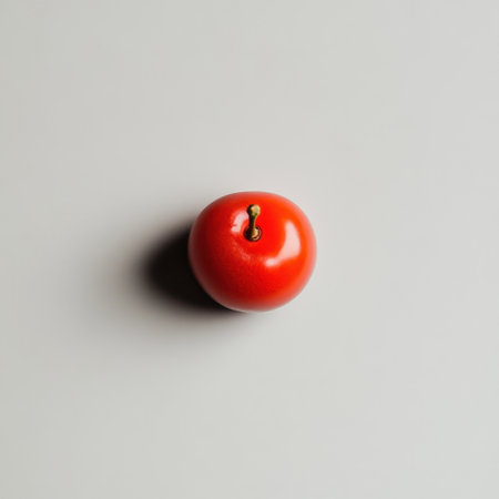 A bright red tomato sits on a smooth light surface, casting soft shadows. This minimalist composition highlights freshness and elegance, ideal for food-related projects.の素材