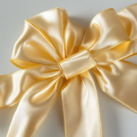 This image showcases an elegant golden satin ribbon bow, ideal for gift wrapping and crafting. The soft texture and luminous color enhance any special occasion beautifully.の素材