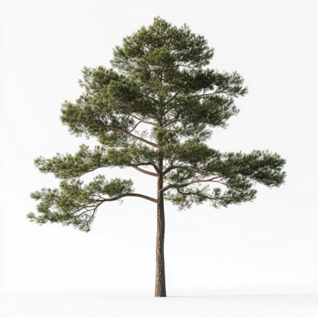 A tall and vibrant pine tree stands prominently against a clean white background. This image captures the essence of nature, making it perfect for various landscaping and gardening themes.の素材