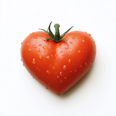 Heart-shaped tomato glistening with fresh dew drops against a clean white backdrop, ideal for promoting healthy eating and vibrant culinary creations.の素材