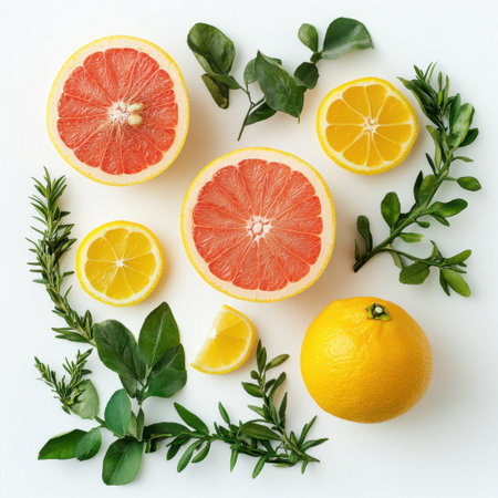 A vibrant arrangement of citrus fruits including grapefruit, lemon, lime, and orange, surrounded by fresh herbs. Ideal for food photography and healthy inspiration.の素材