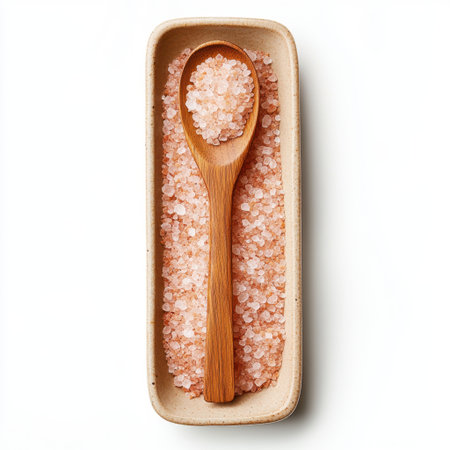 Close-up view of pink salt in a wooden bowl, featuring a spoon, emphasizing natural beauty and culinary utility. Ideal for food enthusiasts and wellness themes.の素材