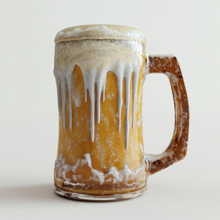 This image features a frosty mug of beer with condensation and dripping foam, set against a light background, perfect for promotions in food and beverage industries.の素材