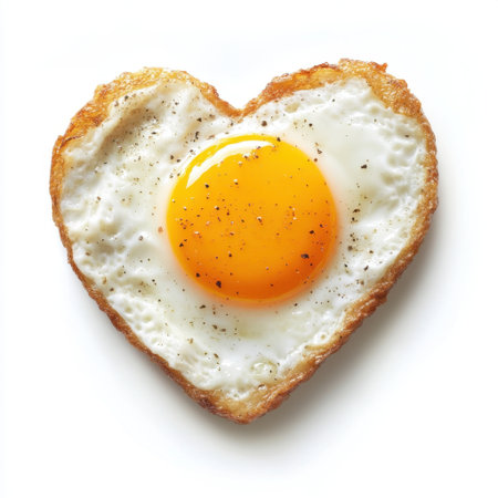A delightful heart-shaped fried egg featuring a vibrant yellow yolk, set against a clean white background. Ideal for breakfast, romantic meals, or food-themed projects.の素材