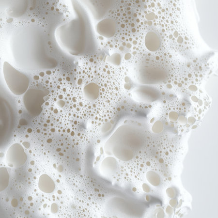 This image showcases a close-up view of a white frothy texture featuring intricate bubbles on a smooth surface, ideal for artistic and abstract design projects.の素材