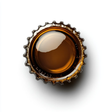 A meticulous close-up of a beer bottle cap featuring a brown liquid reflection. The image showcases intricate textures against a clean white backdrop, perfect for beverage-themed projects.の素材