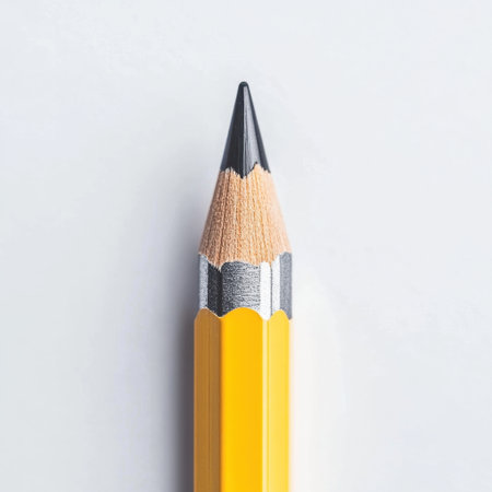 This close-up image features a yellow pencil with a sharp tip against a light gray background, ideal for concepts related to creativity, education, and artistic endeavors.の素材
