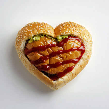 This unique heart-shaped burger artfully combines lettuce and ketchup, offering a whimsical take on fast food. Perfect for romantic meals and playful culinary inspiration.の素材