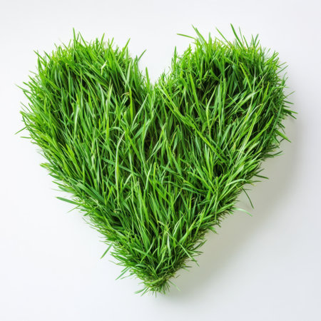 Heart-shaped arrangement of lush green grass set against a clean white background, symbolizing love, nature, and the beauty of eco-friendliness in daily life.の素材