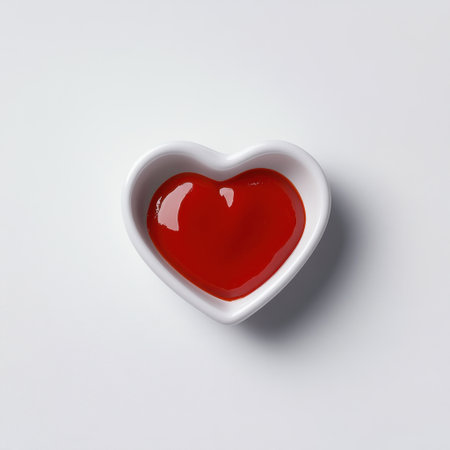 A charming heart-shaped bowl filled with rich red ketchup sits on a pristine white surface, perfect for romantic dining or culinary themed projects showcasing love and food.の素材