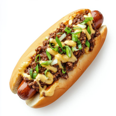 A tempting gourmet hot dog featuring a juicy sausage, rich chili, melted cheese, and chopped green onions on a soft bun, ideal for any casual gathering.の素材