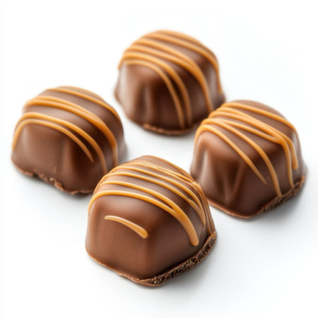 A delightful assortment of gourmet chocolate truffles, each drizzled with creamy caramel, perfect for satisfying a sweet tooth or as a luxurious gift for any occasion.の素材