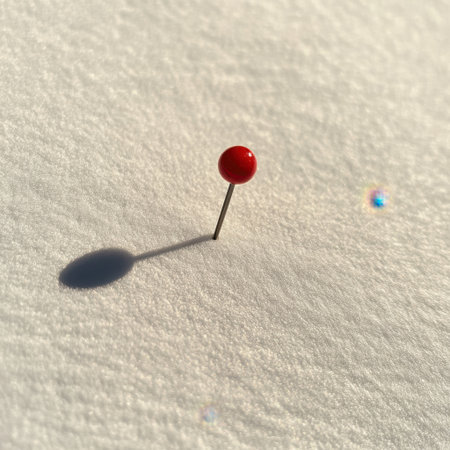 A vibrant red pin stands out against a smooth white surface, casting a distinct shadow. This image captures themes of direction, clarity, and artistic contrast.の素材