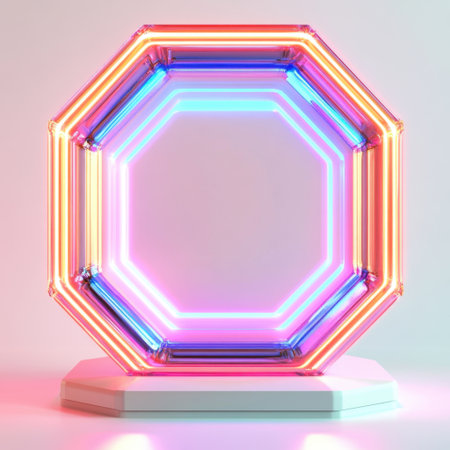 A vibrant octagonal frame featuring colorful neon illumination, ideal for modern art displays and creative design projects, adding a unique visual element to any space.の素材