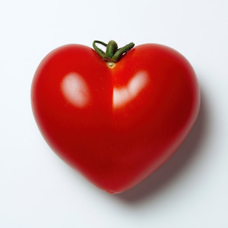 A vibrant heart-shaped red tomato resting on a clean white background, symbolizing love for healthy eating and fresh ingredients in culinary creations.の素材