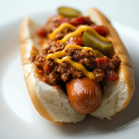 This image showcases a delicious hot dog topped with spicy chili, mustard, and pickles on a perfect soft bun. Ideal for summer barbecues or outdoor picnics.の素材