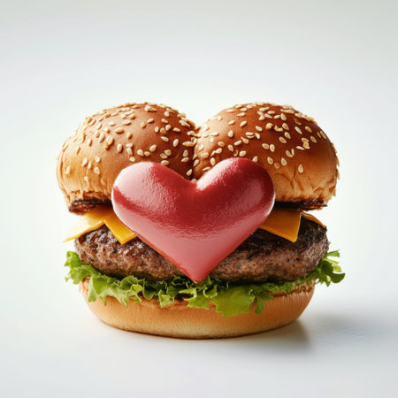 A visually striking cheeseburger featuring a heart-shaped ketchup, symbolizing love for great food. Perfect for culinary advertisements or food-related projects.の素材