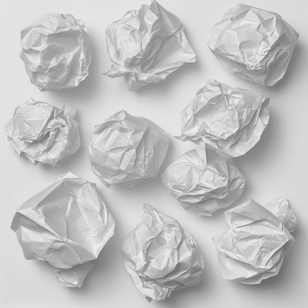 This image features crumpled white paper balls arranged artistically on a light background, representing the creative process and moments of inspiration.の素材