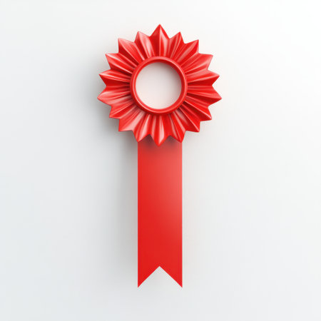 This vibrant red award ribbon features a starburst shape, perfect for recognizing achievements or celebrating special events, creating a striking focal point in any design.の素材