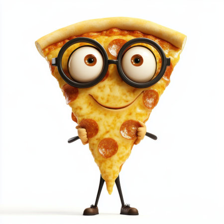This cheerful cartoon pizza slice character showcases a friendly smile and glasses, making it ideal for food-related themes, kids menus, and playful designs.の素材
