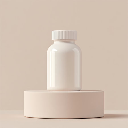 A minimalist white bottle is presented on a smooth round base against a soft beige background, perfect for displaying health, beauty, or wellness products.の素材