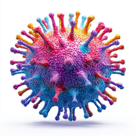 This vivid image presents a captivating microscopic view of a colorful virus, showcasing its unique spikes and intricate texture, ideal for educational and scientific contexts.の素材