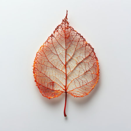 This image captures a stunning transparent leaf with intricate vein details, set against a clean white backdrop, highlighting the beauty of nature and fragility.の素材