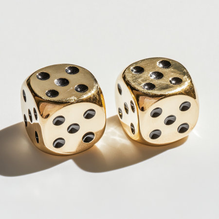 Discover the beauty of elegant gold dice resting on a white surface, perfect for games, decoration, or showcasing craftsmanship in photography or design projects.の素材