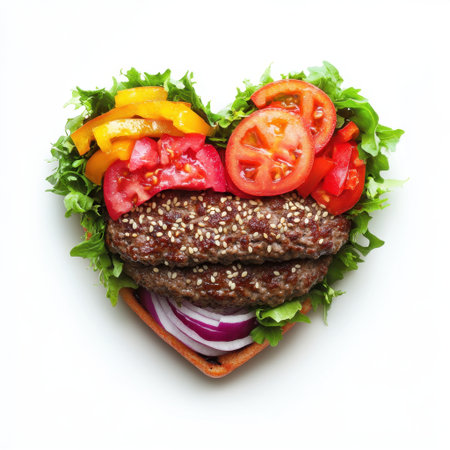 A creative heart-shaped sandwich featuring juicy meat patties, fresh lettuce, vibrant tomatoes, and colorful bell peppers, perfect for a wholesome meal.の素材