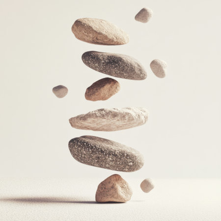 This image features levitating stones arranged harmoniously, symbolizing balance and tranquility, ideal for wellness and meditation-themed projects.の素材
