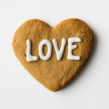 A close-up of a heart-shaped cookie, decorated with white icing that spells "LOVE." This delightful treat is ideal for special occasions, gifts, and celebrations.の素材