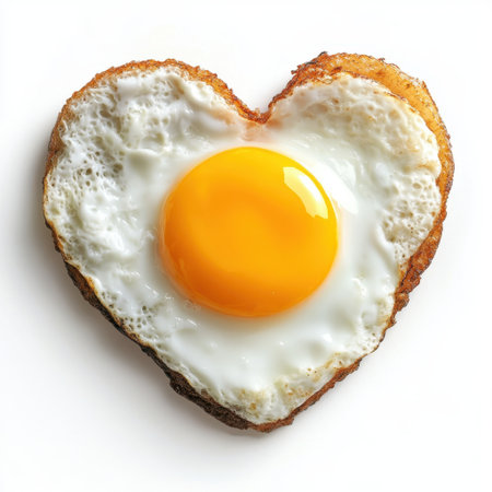 A unique heart-shaped fried egg sits on a pristine white plate, presenting a delightful twist on traditional breakfast and making it perfect for special occasions.の素材