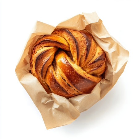 A beautifully swirled chocolate bun wrapped in rustic paper, this delightful pastry is an inviting treat that adds charm to any bakery or dessert display.の素材