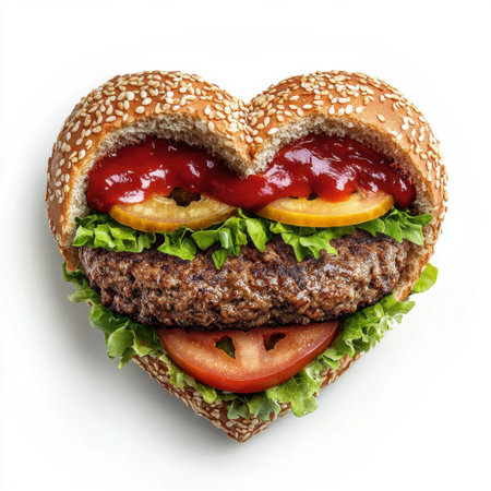 A creatively crafted heart-shaped hamburger featuring fresh lettuce, juicy tomato, tangy pickles, and rich ketchup, perfect for romantic and festive occasions.の素材