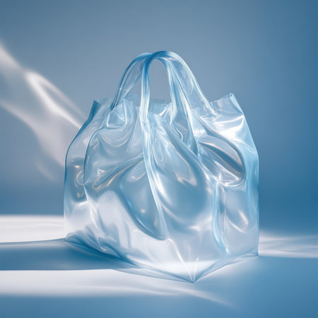 This artistic image features a clear plastic shopping bag highlighted by soft lighting and gentle shadows, showcasing the modern aesthetic of eco-friendly packaging solutions.の素材